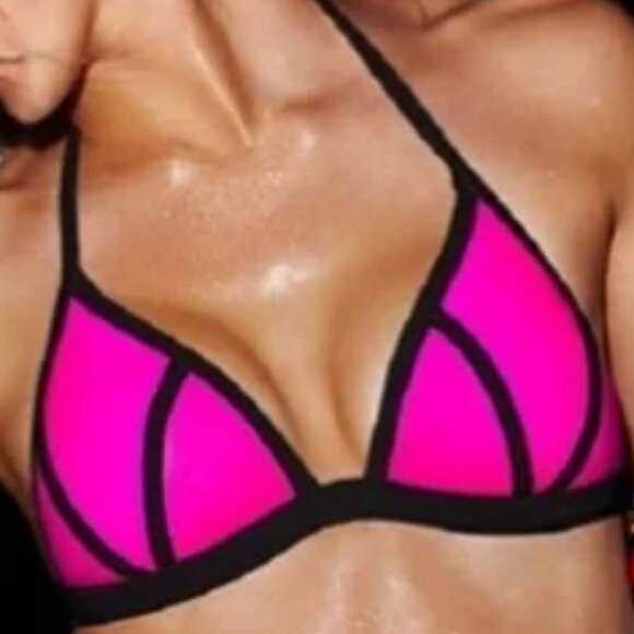 VICTORIAS SECRET PINK Hot Pink and Black Padded Triangle Bikini Top Large - Picture 2 of 12